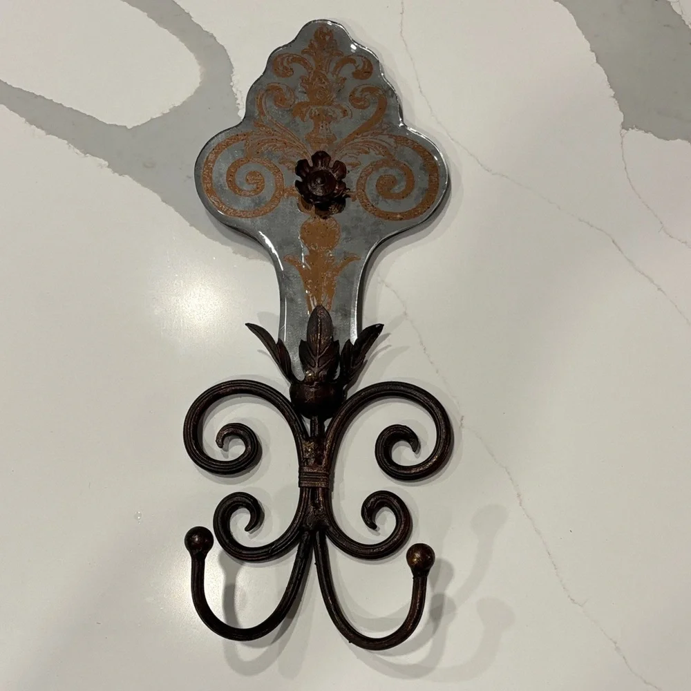 Vintage-Style Mercury Glass w Gold Design, Bronze Wall Plaque with 2 Hooks…17x7
